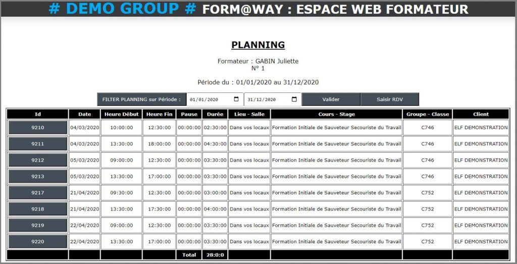Portail Web Formateur - Planning